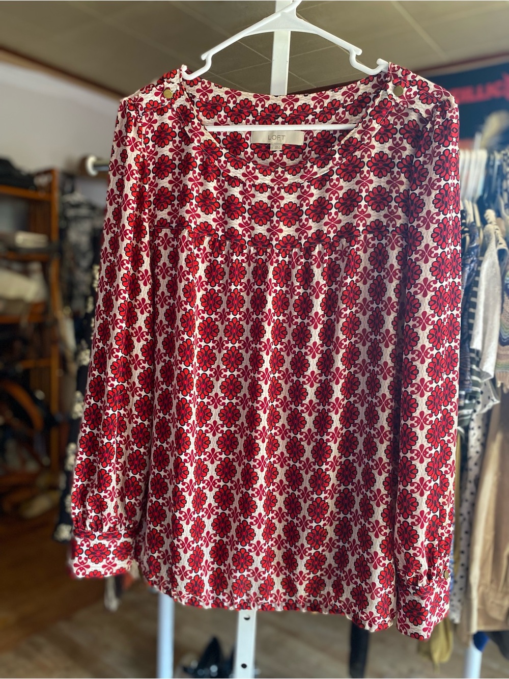 LOFT Cream and Red Floral Long-Sleeve Blouse